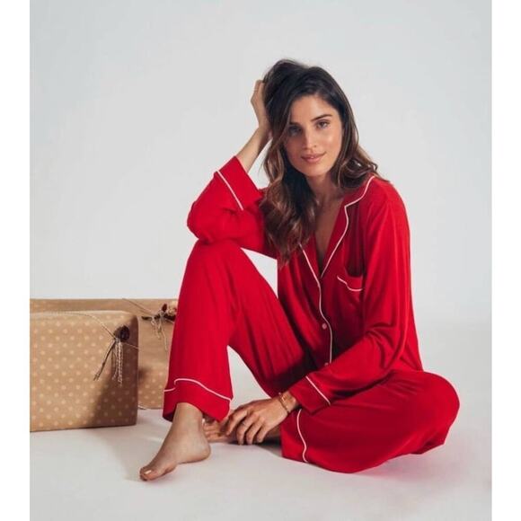 Chloe Kristyn Comfort Bamboo Long Pyjama Set Front Button Red Size Large NWT - Picture 2 of 11